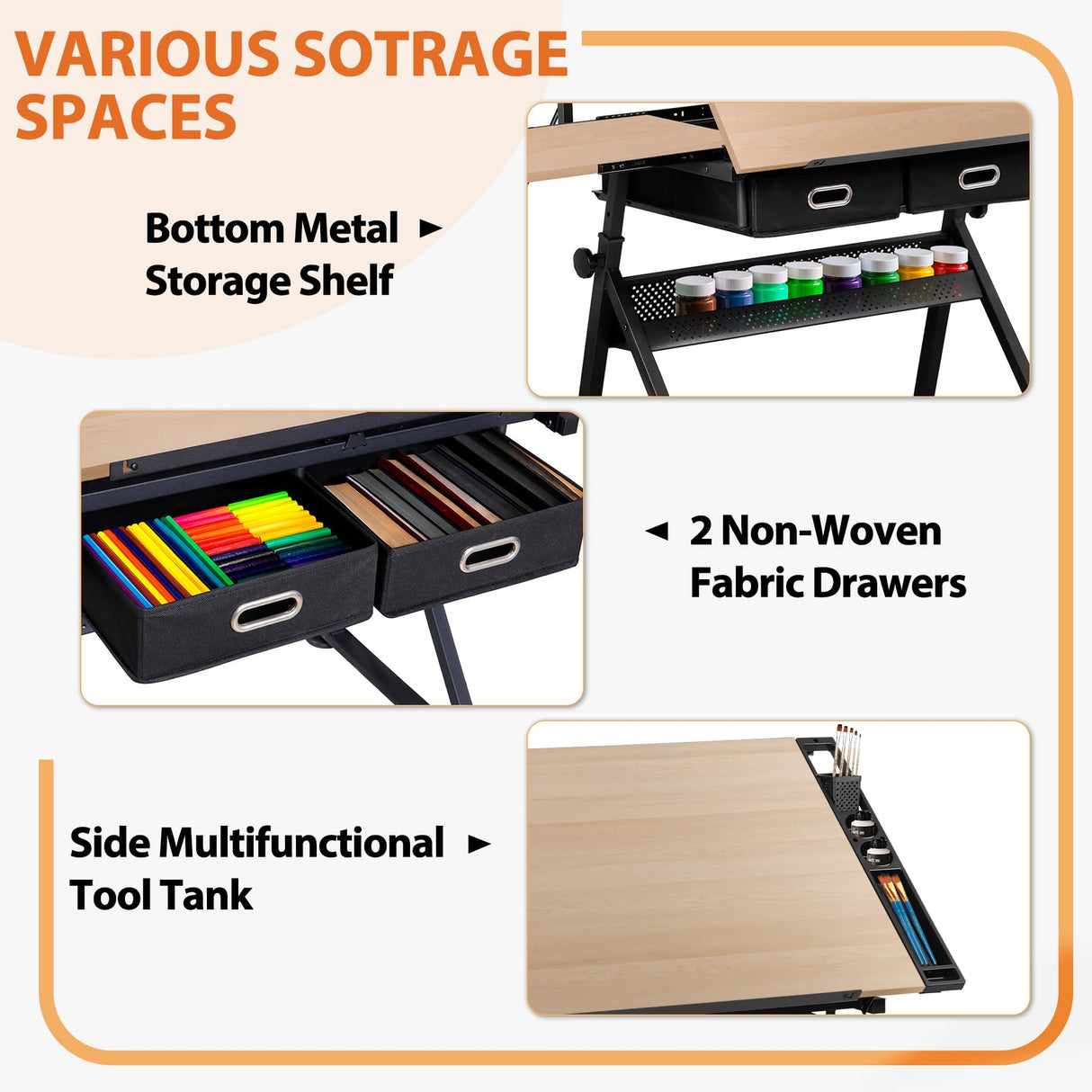 SUPER DEAL Adjustable Drafting Table Set with Charging Station, Tilting Drawing Desk Artist Desk with Stool Multifunctional Art Craft Workstation with 2 Storage Drawers for Home Office School SUPER DEAL