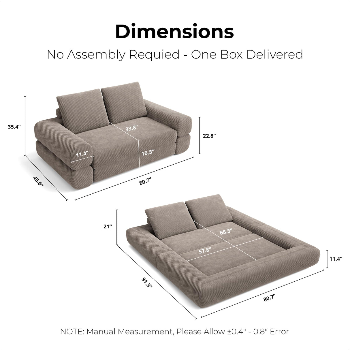 LIKIMIO Convertible Sleeper Sofa Bed Floor Sofa 3-in-1 No Assembly, Foldable Mattress with Corduroy Upholstery Light Brown, Lounge Loveseat Couch for Living Room Studio Guest Room LIKIMIO