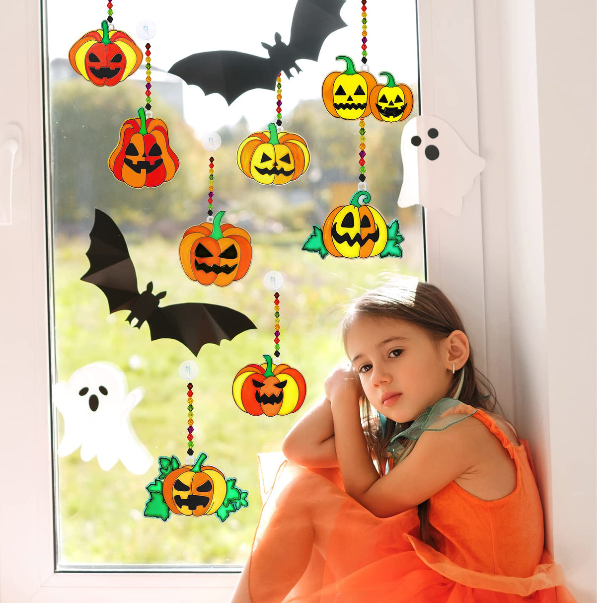 Winlyn 27 Sets Halloween Pumpkin Suncatchers Ornaments Decorations DIY Window Paint Art Suncatchers Craft Kits Jack-O'-Lantern Sun Catchers for Kids Classroom Activities Fall Halloween Art Project Winlyn