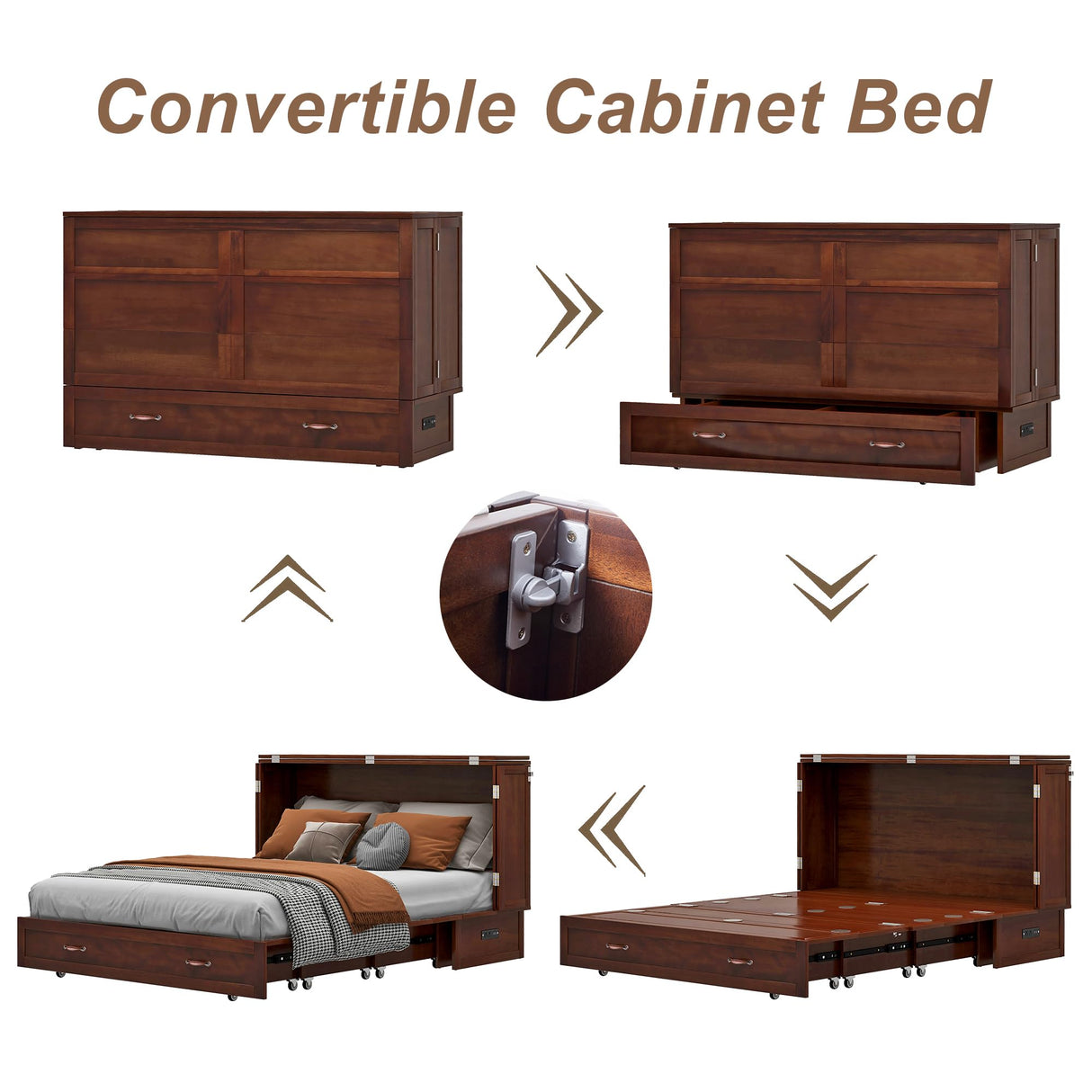 Keloyid Solid Wood Murphy Bed Cabinet:Queen Size Murphy Bed with USB Charging Station and Large Storage Drawer for Home,Optimize Sleeping Space(Mattress Not Included) Brown Yellow-9 Keloyid