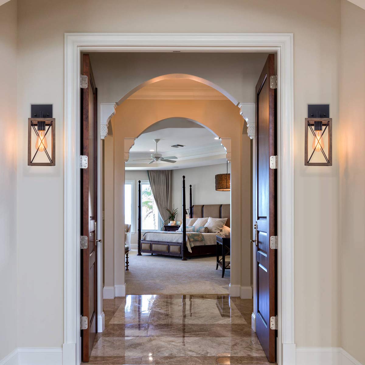 VILUXY Wood Wall Sconces Retro Industrial Rectangle Bedside Wall Sconce Plug-in Cord with Switch Lighting Fixture Black Wall Lamp for Bedroom, Hallway, Entryway, Passway, Dining Room 2 Pack VILUXY