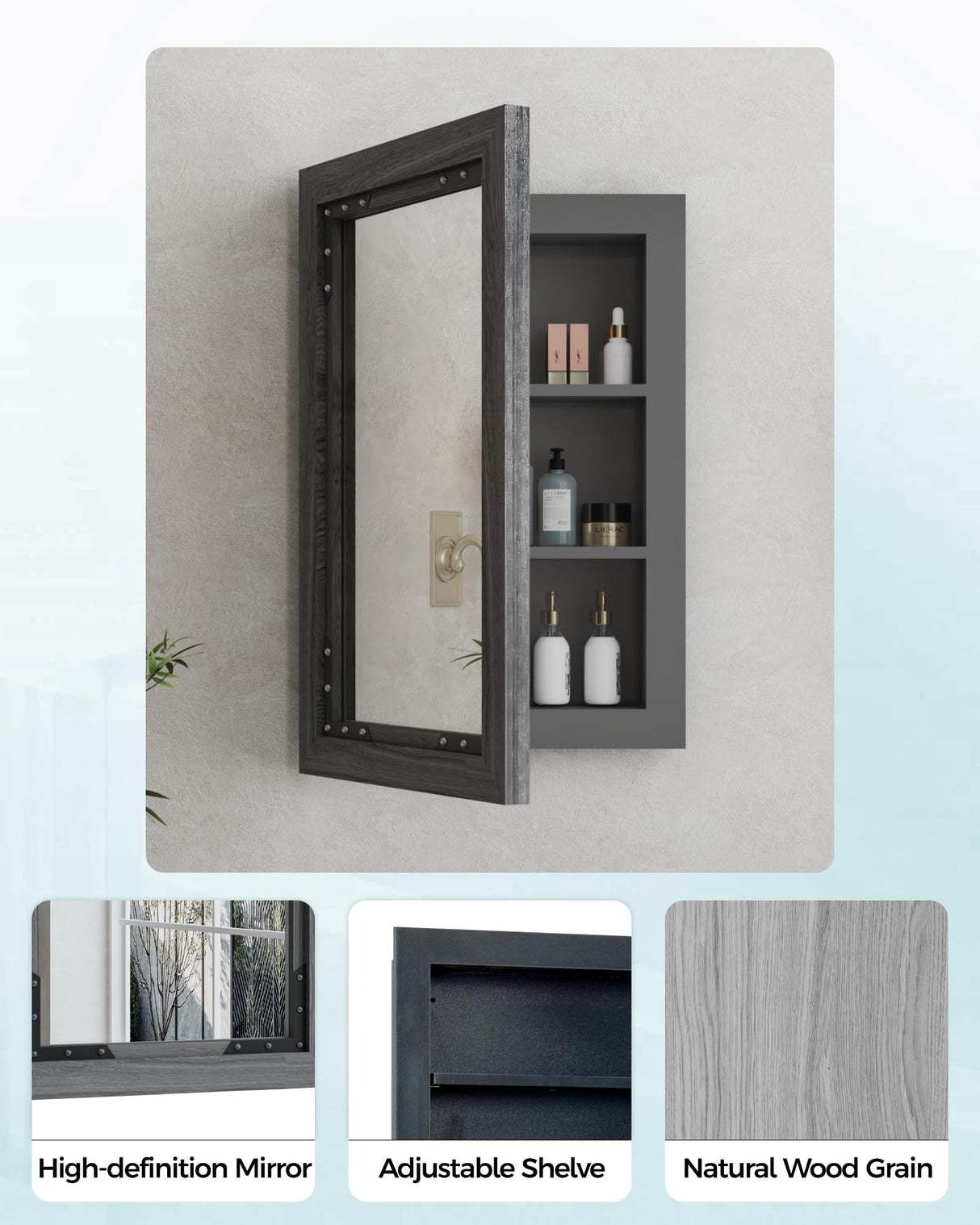 FLYJOE Medicine Cabinet Mirror 16 x 24 Inch Farmhouse Bathroom Mirror Door Solid Wood Storage Cabinet with Adjustable Shelves, Wall Mounted for Bathroom Living Room, Grey FLYJOE