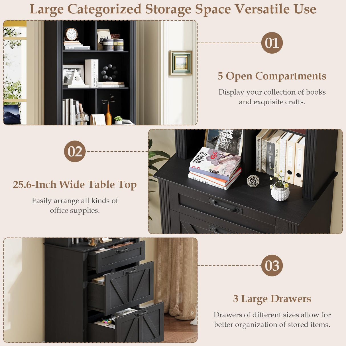 Vabches Farmhouse Bookshelf with 3 Large Drawers, 70" Tall Bookcase with 5-Cube Storage Organizer, 3 Tier Wood Display Storage Cabinet for Home Office, Living Room, Rustic Black Vabches