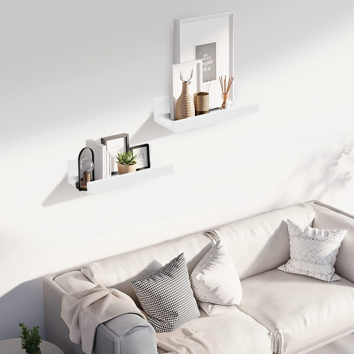 Muzilife 12" Small Floating Wall Ledge Shelves with Lip - Set of 2 Wood Floating Shelves - White Wall Mounted Picture Ledge for Office, Bathroom, Bedroom, Living Room, Kitchen Muzilife