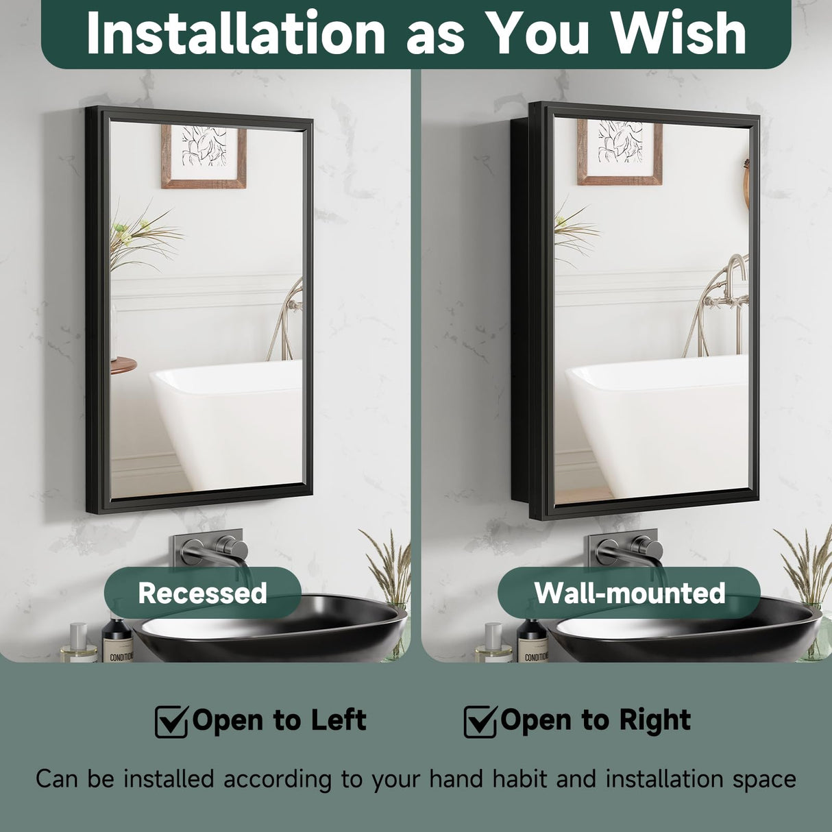 BOHMIROO 16x24 Inch Medicine Cabinet Mirror for Bathroom Recessed Medicine Cabinet with Mirror or Surface Wall-Mounted Aluminum Alloy Framed Bathroom Cabinet Mirror Black Metal BOHMIROO