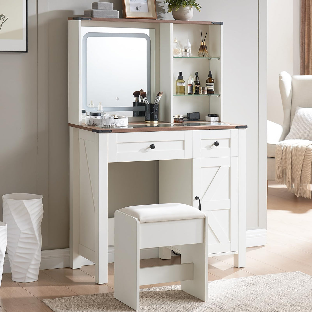 Vanity Desk with Mirror and Lights, Makeup Vanity Desk with Charging Station, Farmhouse Makeup Desk with 3 Adjustable Lighting Modes, Bedroom Vanity for Girls, Women GAMTUE