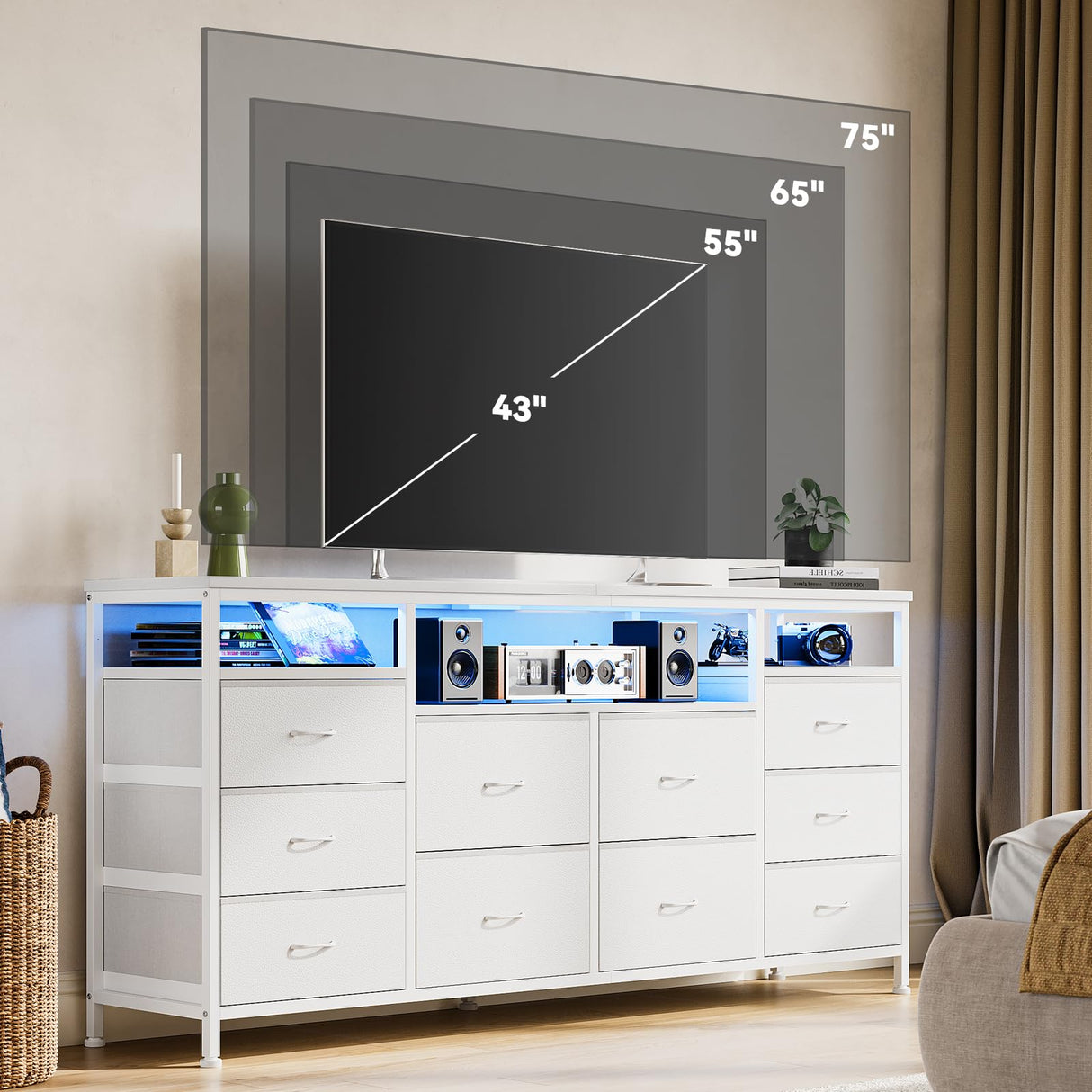 63.3 Inch Dresser for Bedroom, 10 Drawer Dresser Tv Stand for 65 70 75 Inch Tv, Fabric Chest of Drawers with Led Lights & Power Outlets, Long Entertainment Center for Closet, Living Room (White PU) GarveeHome