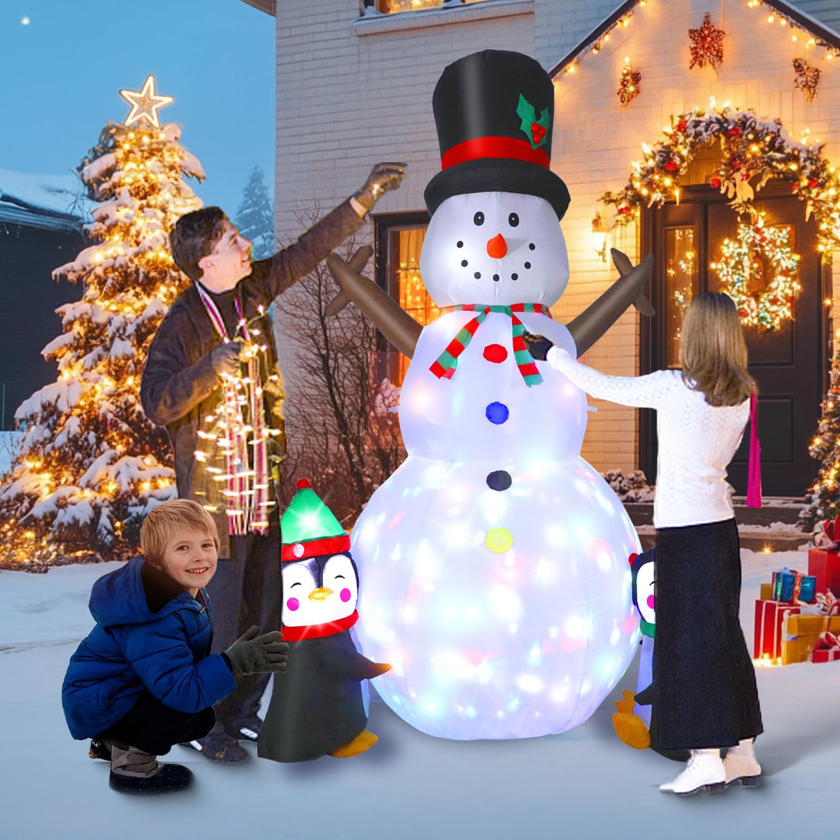 Dawdix 8FT Christmas Decs Inflatable Snowman, Christmas Blow Up Yard Decs Snowman with Penguins, Built-in Colorful Rotating LED Lights, for Holiday Xmas Party Garden, for Him, Her Dawdix