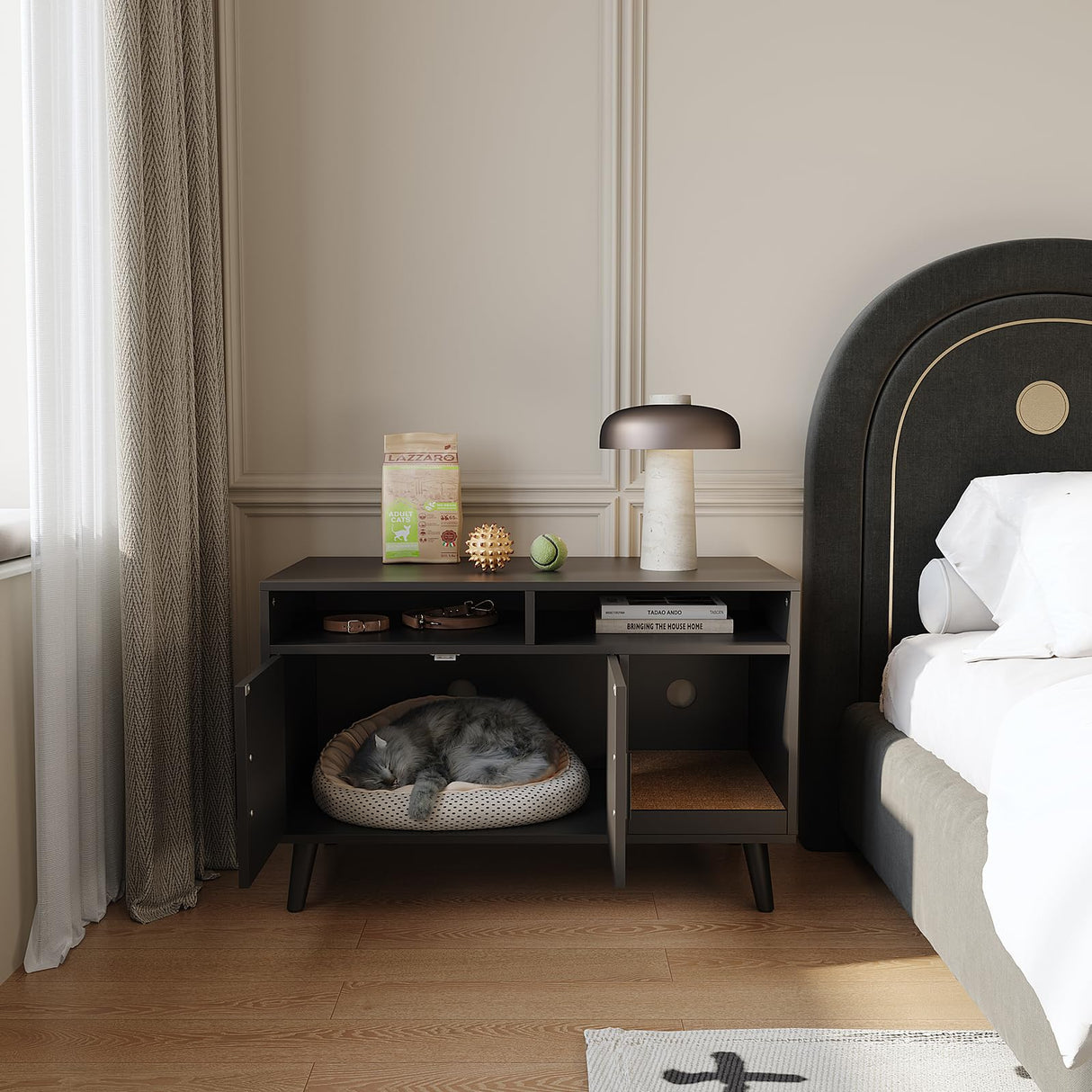 YDTOP Cat Litter Box Enclosure, Hidden Litter Box Furniture with Cat Scratch Pad, Wooden Pet House Side End Table, Storage Cabinet Bench for Living Room, Bedroom, Washroom - Black YDTOP