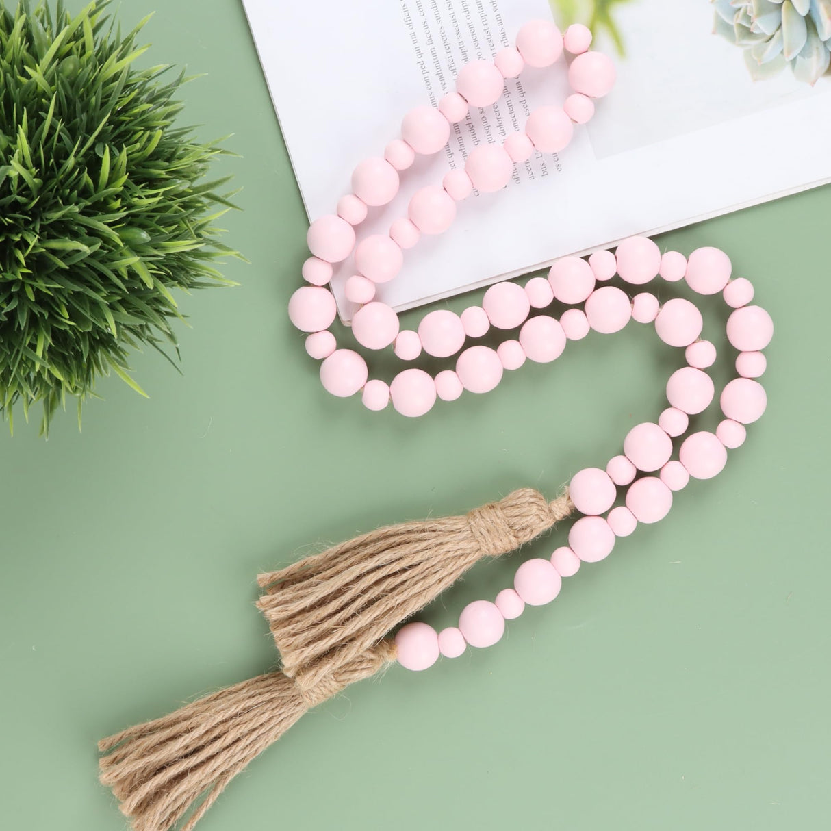 Valentine's Day Wood Bead Garland with Tassels, Farmhouse Rustic Decor Prayer Beads Boho Tassel Garland Decorative Beads for Home Decor (Pink) Yagoo