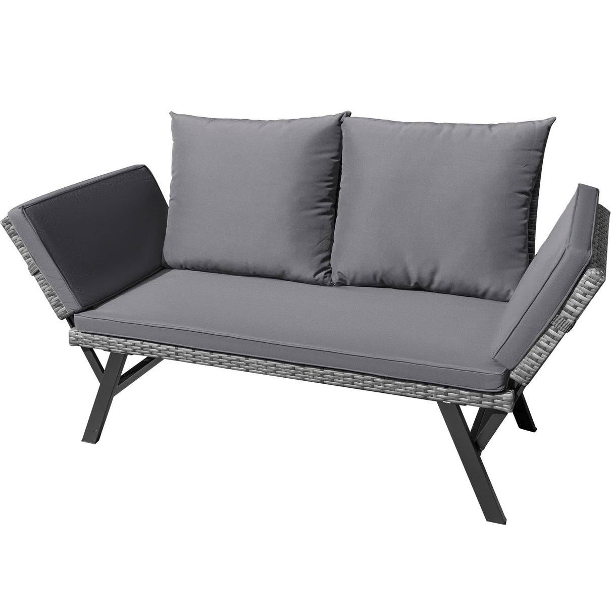 Greesum Outdoor Sofa, Woven Rattan Patio Furniture, Convertible Daybed or Double Chair with Adjustable Armrests, Cushions and Pillows for Yard, Porch, Pool, Gray Lounger & Blue Pillowcase Greesum