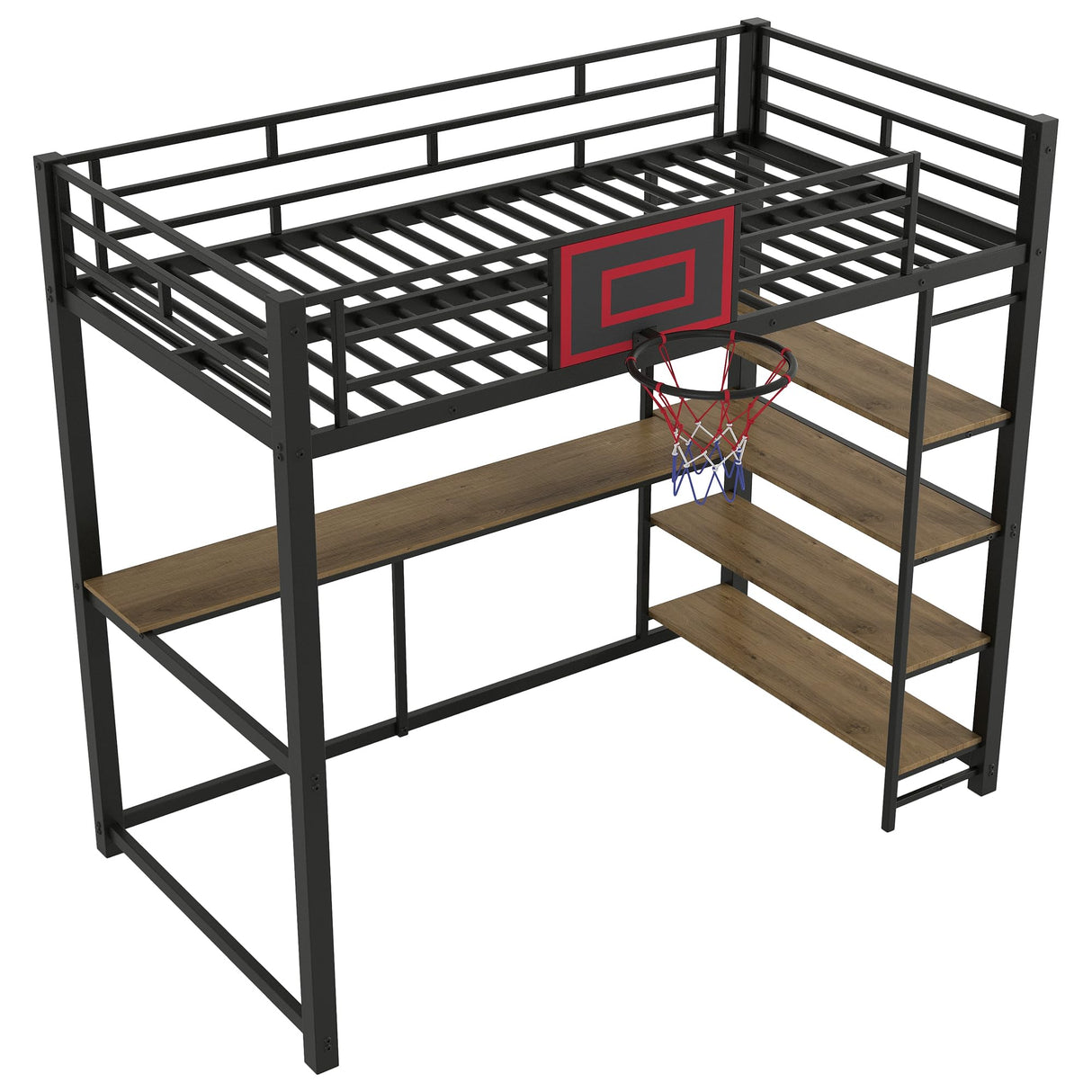 Twin Size Loft Bed with Desk and Storage Shelves,Metal Loft Bed with Basketball Hoop,Heavy Duty Loft Bed Frame for Kids,Teens,Adults,High Loft Bed Frame Twin Size, Space Saving, Black Bellemave