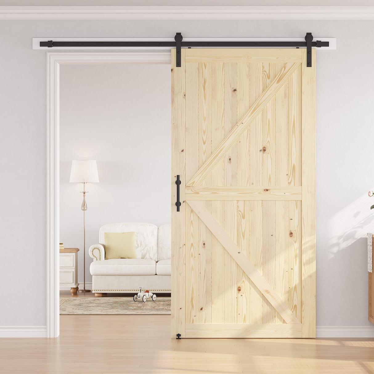 SMARTSTANDARD 48in x 96in Sliding Barn Door with 8ft Barn Door Hardware Kit Included, Unfinished Solid Spruce Wood Door, Assembly Required, DIY, Stainable, Fit Opening up to 46in x 94in SMARTSTANDARD