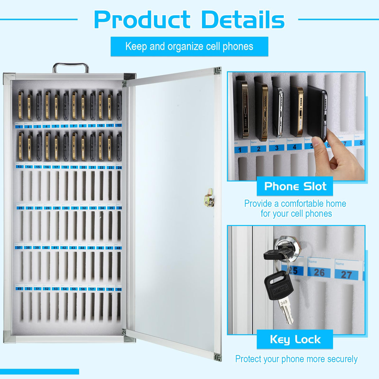 Amylove Cell Phone Locker Cabinet Aluminum Alloy Pocket Chart Storage Locker Box Cabinet Wall-Mounted Cell Phones Storage Cabinet Cell Phones Locker Amylove