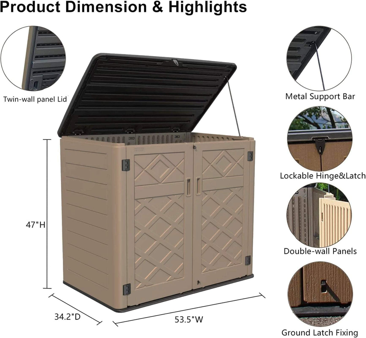 HOMSPARK Storage Shed Weather Resistance, Multi-Purpose Outdoor Storage Cabinet for Backyards and Patios, Horizontal Storage Shed for Lawnmower, Patio Accessories (Coffee, X Large - 48 cu.ft) HOMSPARK
