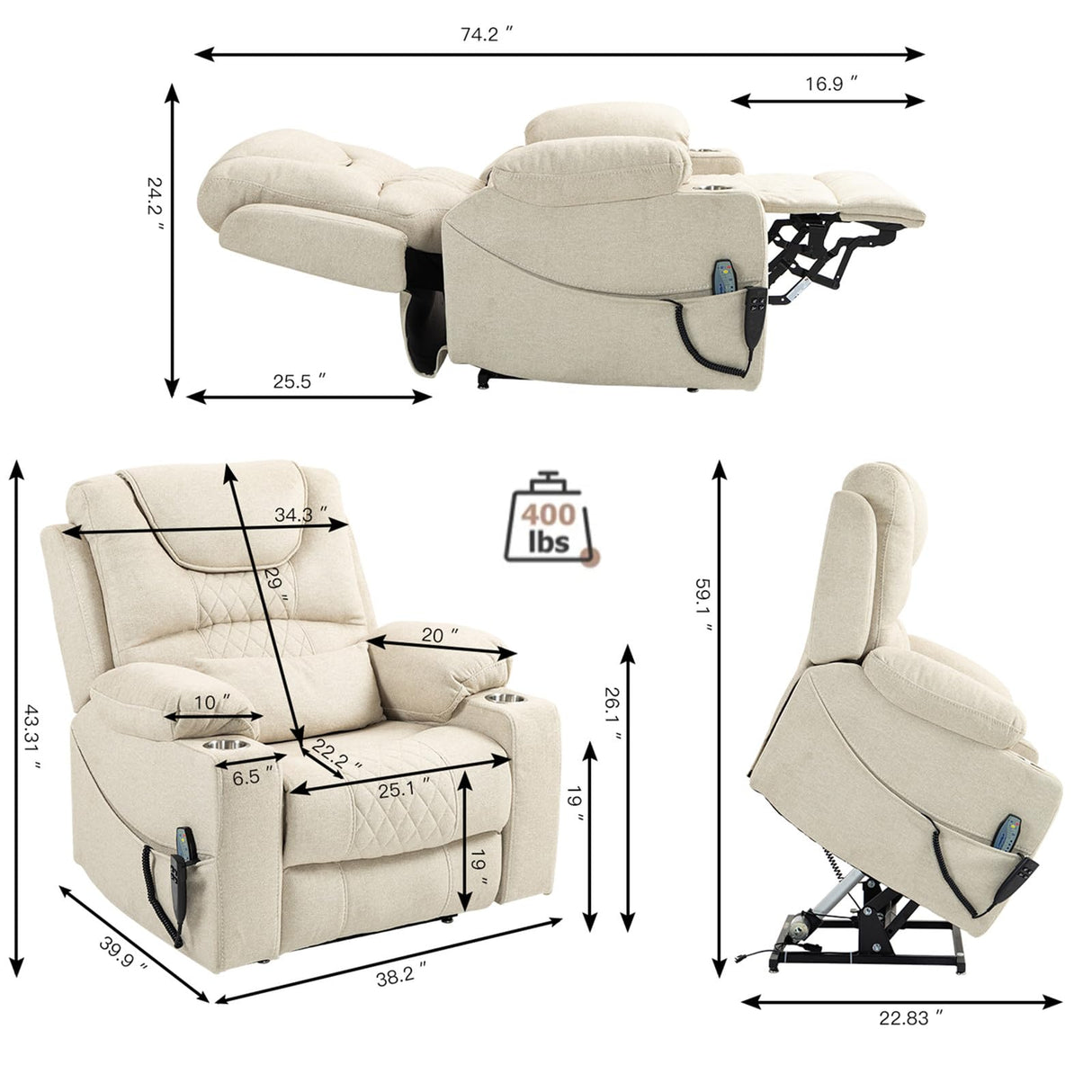 LITVZ 180 Degrees Lay Flat Lift Recliner Chair with Heat and Massage, Dual Motor Infinite Position Electric Power Lift Recliners for Elderly, Big Man Up to 400 LBS, Seniors, White LITVZ