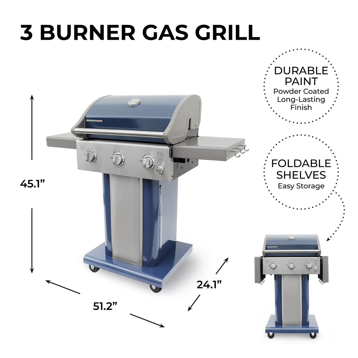Permasteel 3-Burner Propane Gas Grill, 30,000 BTUs BBQ Grill with Cast Iron Grates, Foldable Side Tables & Tool Hooks, Outdoor Grill, Azure Permasteel