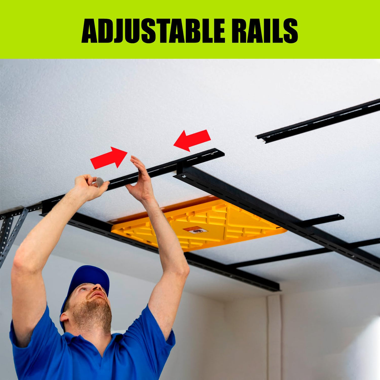 GARAGE STORAGE TOTE SLIDE RACK Overhead Tote Storage Rail System, Garage Ceiling Bin Storage Rack Heavy Duty Adjustable Tote Slide Garage Storage System, NEGRO, MR0001 RG GARAGE SOLUTIONS