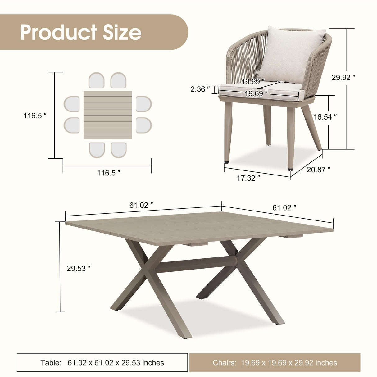 PURPLE LEAF 9 Pieces Outdoor Metal Furniture Set Patio Conversation Sets Dining Set, 1 Square Dining Table and 8 Modern Chairs with Cushions Seat Champagne PURPLE LEAF