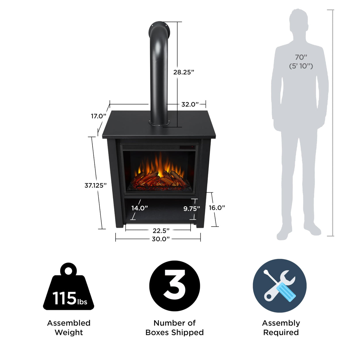Real Flame Black Hollis Electric Fireplace - Freestanding with Remote Control - 6 Flame Colors & 5 Brightness Levels, Black Real Flame