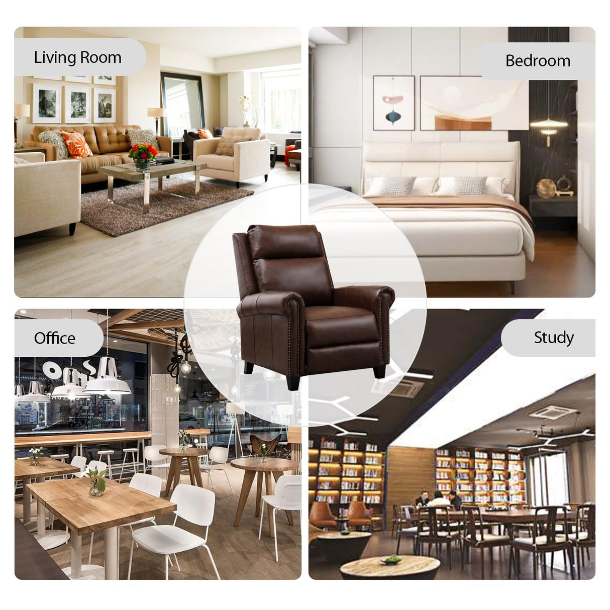 CANMOV Leather Pushback Recliner Chair, Classic and Traditional Push Back Recliner Chair with Rivet Decoration for Living Room, Adjustable Single Sofa, Brown CANMOV