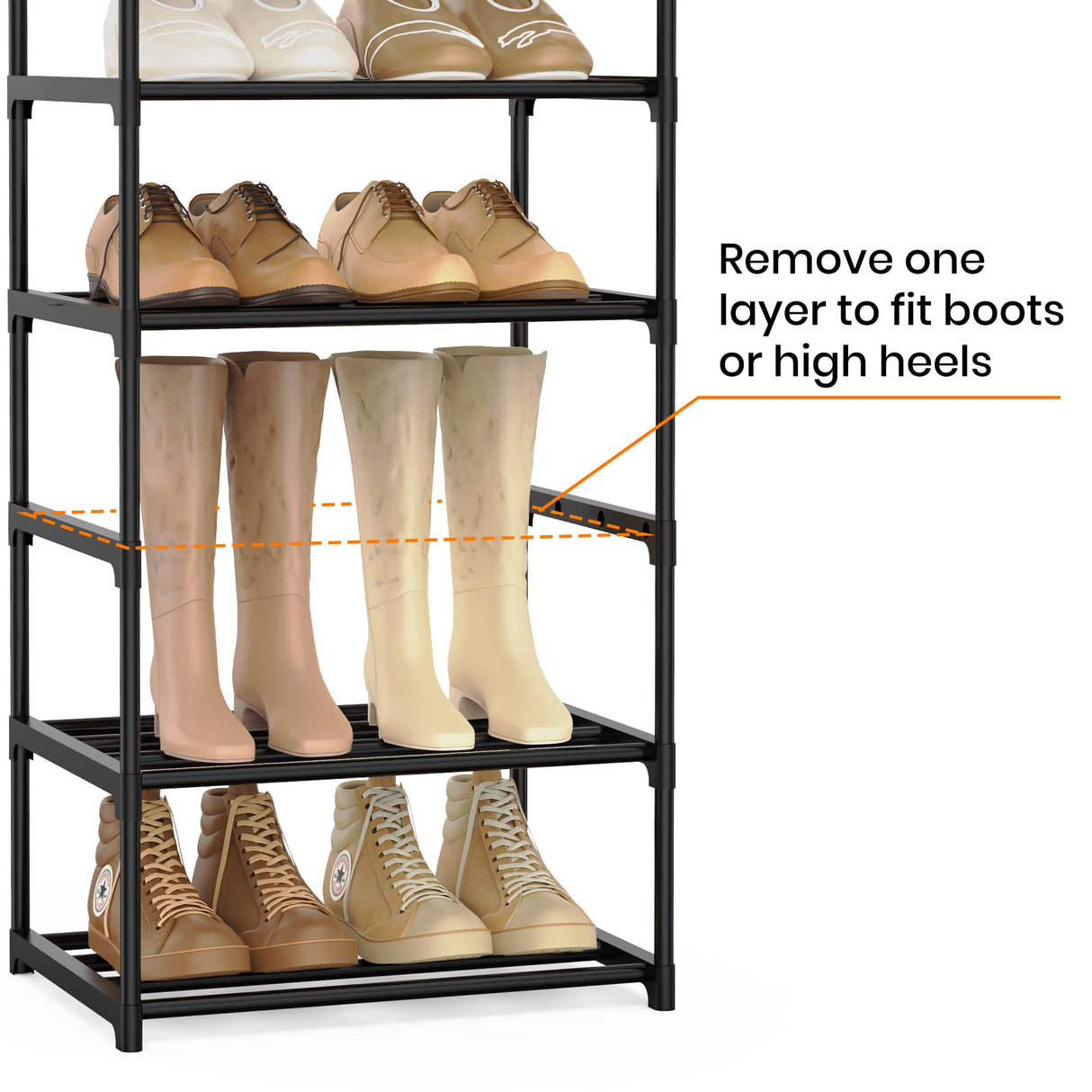 WEXCISE Narrow Shoe Rack 10 Tiers Tall Shoe Rack for Entryway 20 24 Pairs Shoe & Boots Organizer Storage Shelf Durable Black Metal Stackable Shoe Cabinet with Hooks, 17.1D x 11.8W x 78.7H in WEXCISE