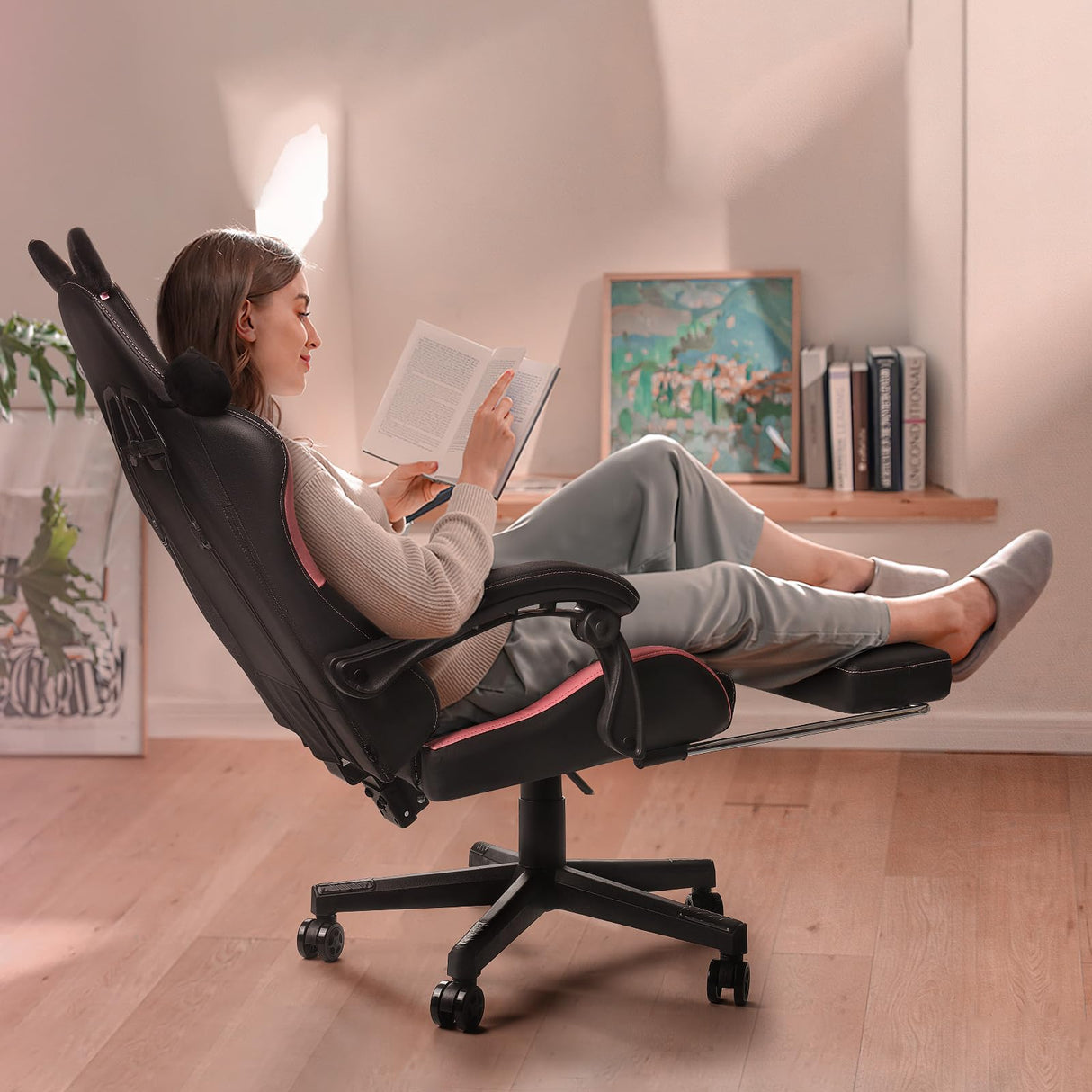 PUKAMI Gaming Chair Cute with Cat Ears,Ergonomic Computer Chair for Girl with Footrest and Headrest,Comfortable Reclining PC Game Chair for Adult,Teen,Black PUKAMI