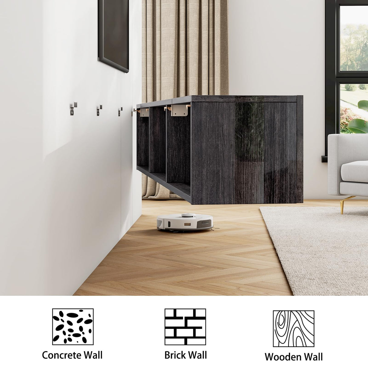 LUXOAK 70" Woodgrain High Gloss Floating TV Stand with LED Lights & Charging Station, Wall Mounted Media Entertainment Center for TVs Up to 80", Modern Floating TV Console for Living Room, Black LUXOAK