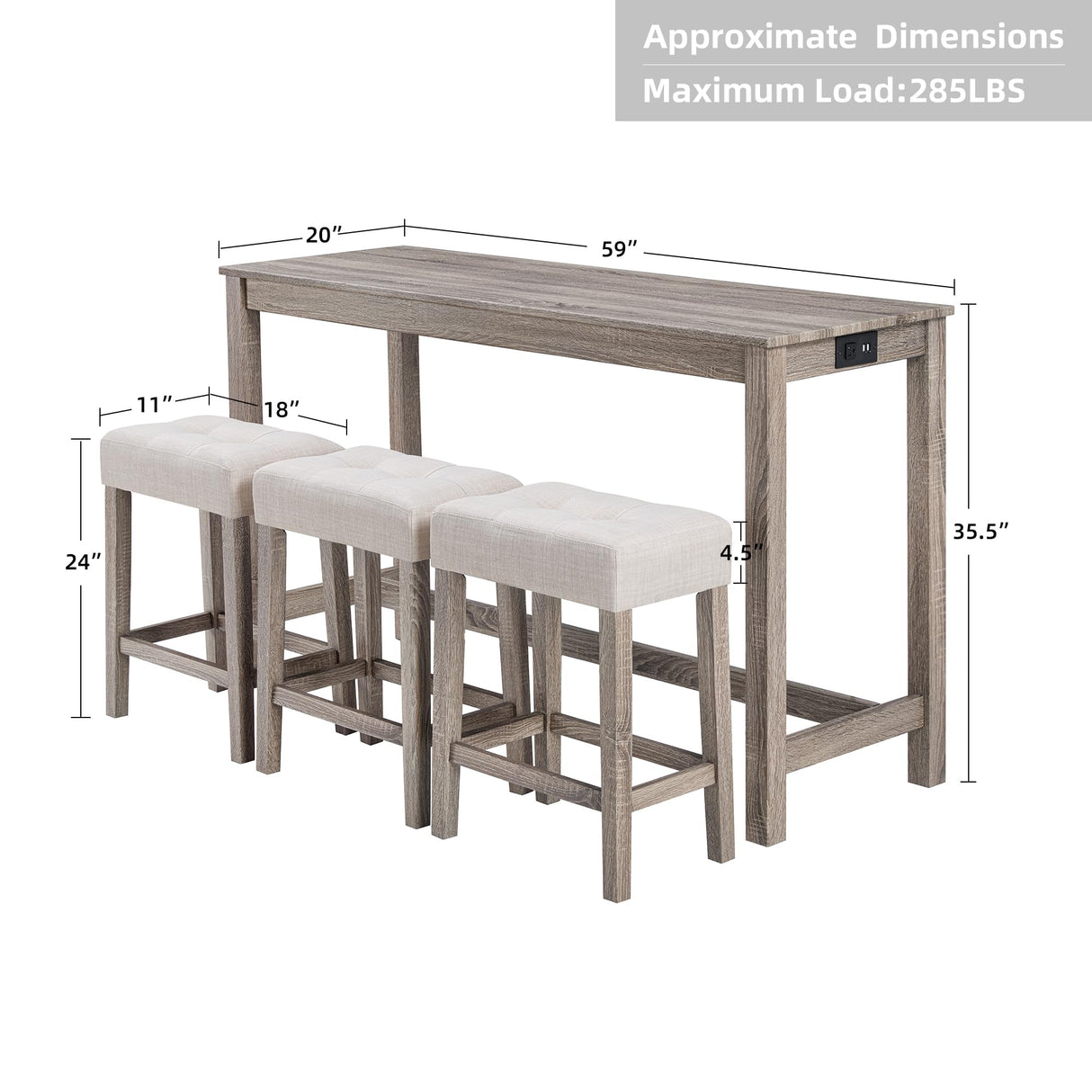 DUHOME 4 Piece Bar Table Set with Power Outlet,Industrial Breakfast Table with 3 Padded Stools Solid Wood Counter Height Dining Table Set for Living Room, Dining Room Cream+Brown DUHOME