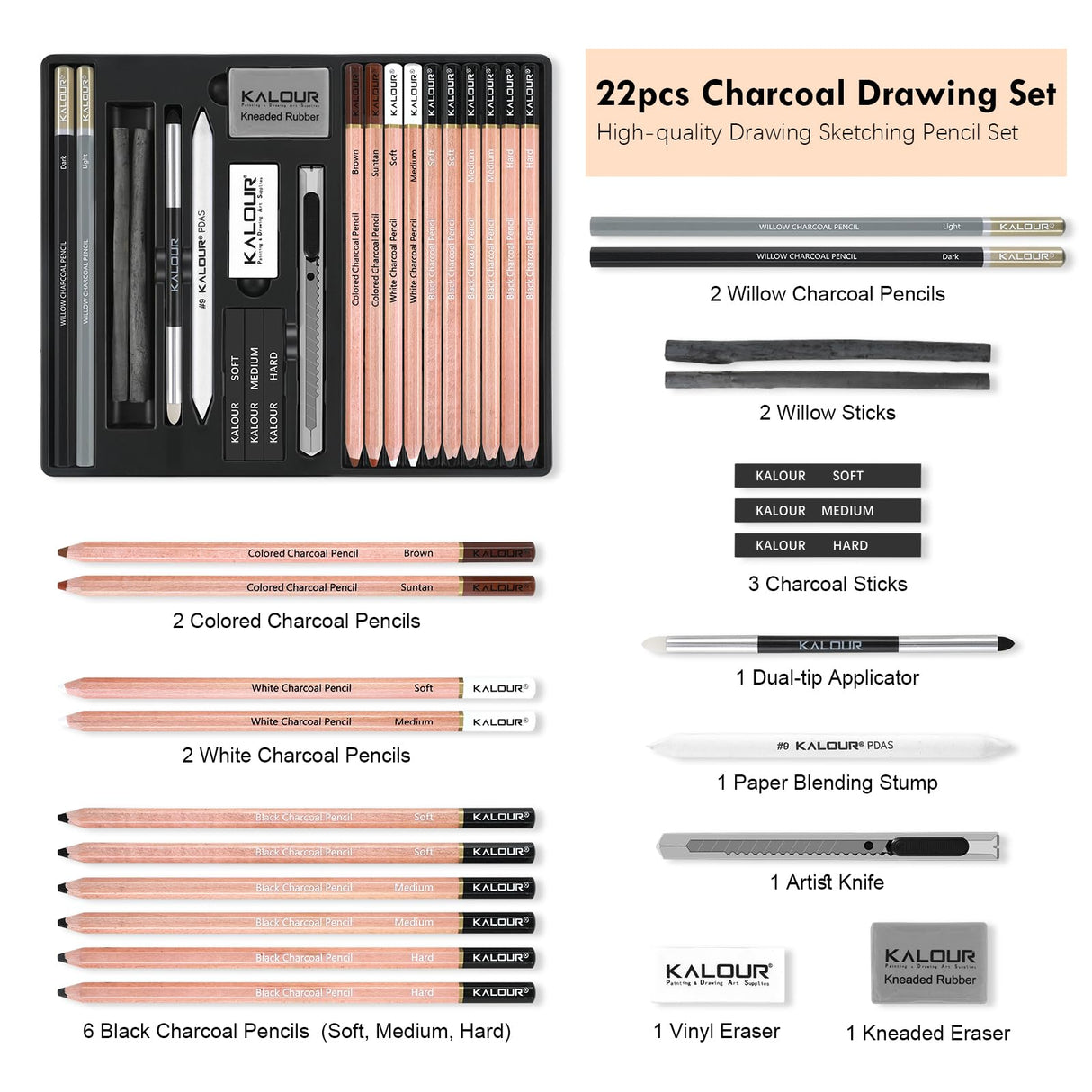 KALOUR PDAS 22pcs Charcoal Drawing Set, Professional Art Supplies, Black & White Charcoal Pencils for Drawing, Sketching, Shading, Blending, Artist Pencils for Beginners & Pro Artists KALOUR PDAS