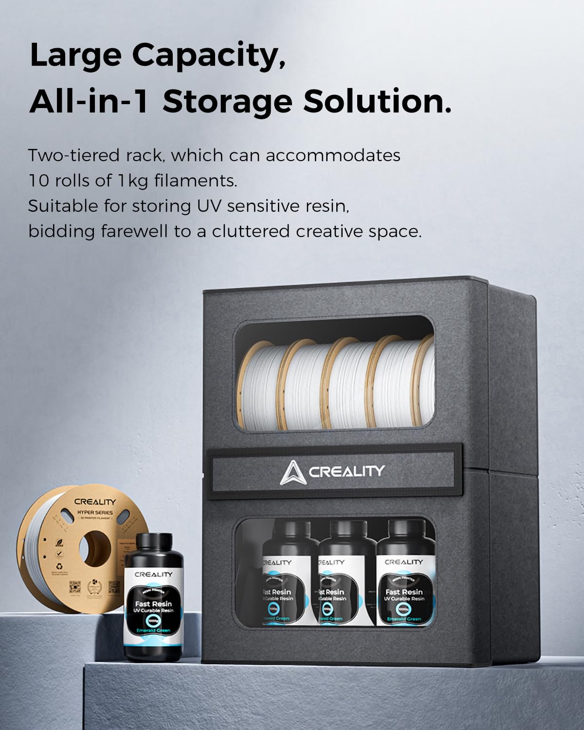 Creality Official Filament Storage Box, Moisture-proof and Dust-proof, Heavy Duty Metal Holder Rack for Filaments Organzied, 2-Tier Storage Shelves for 3D Printing Business, Studio, Office Workshop Creality