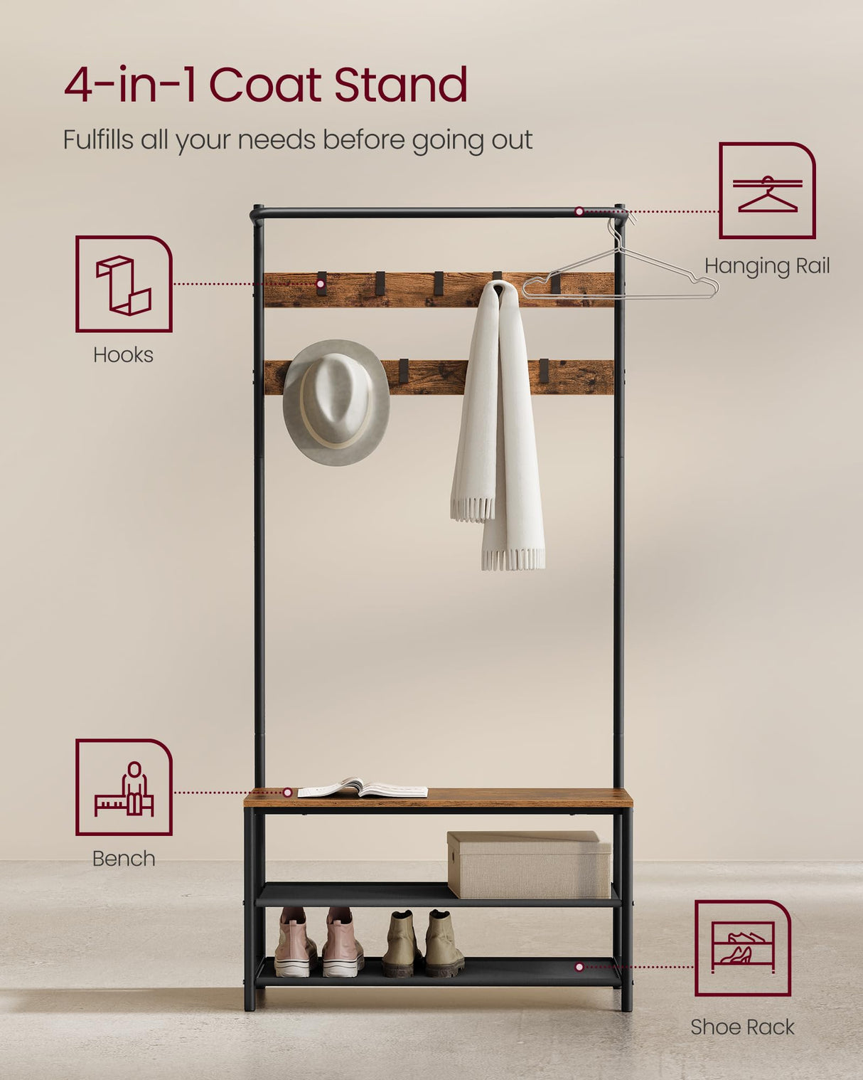 VASAGLE Hall Tree with Bench and Shoe Storage, Entryway Bench with Coat Rack Stand and Shoe Rack, 9 Movable Hooks, Top Bar, Fabric Shelves, Industrial, Rustic Brown and Black UHSR421B01 VASAGLE