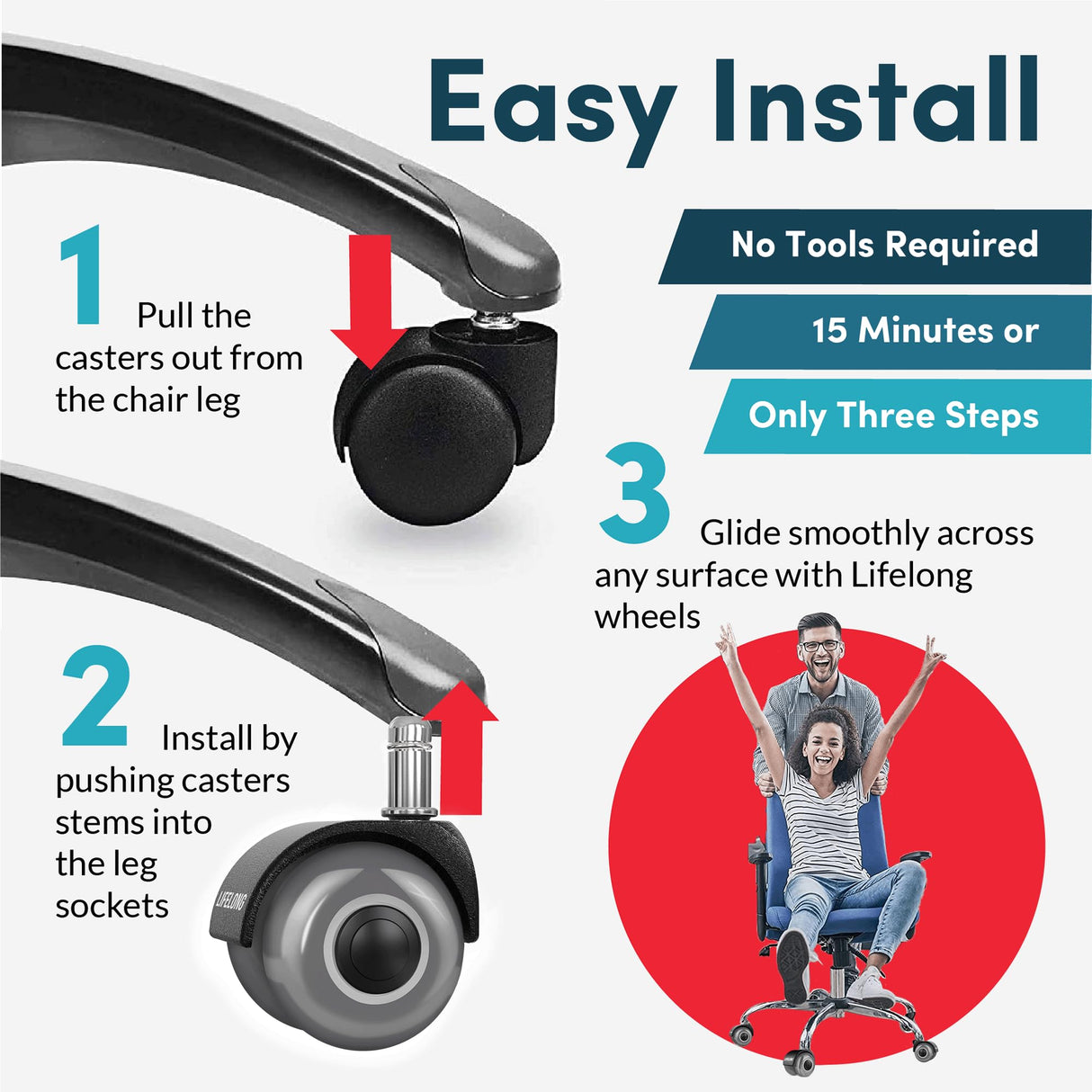 Lifelong Office Chair Wheels Replacement Rubber Desk Chair Casters for Hardwood Floors and Carpet, Set of 5, Heavy Duty Casters for Chairs to Replace Office Chair Mats - Fits 98% Lifelong