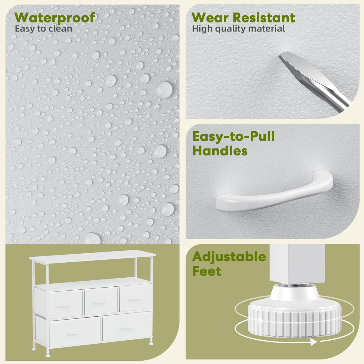 Simple Deluxe TV Stand Dresser for Bedroom Entertainment Center with 5 Fabric Drawers, Storage Organizers Units for Living Room, Media Console Table with Open Shelf up for 45" TV, White, Wood top Simple Deluxe