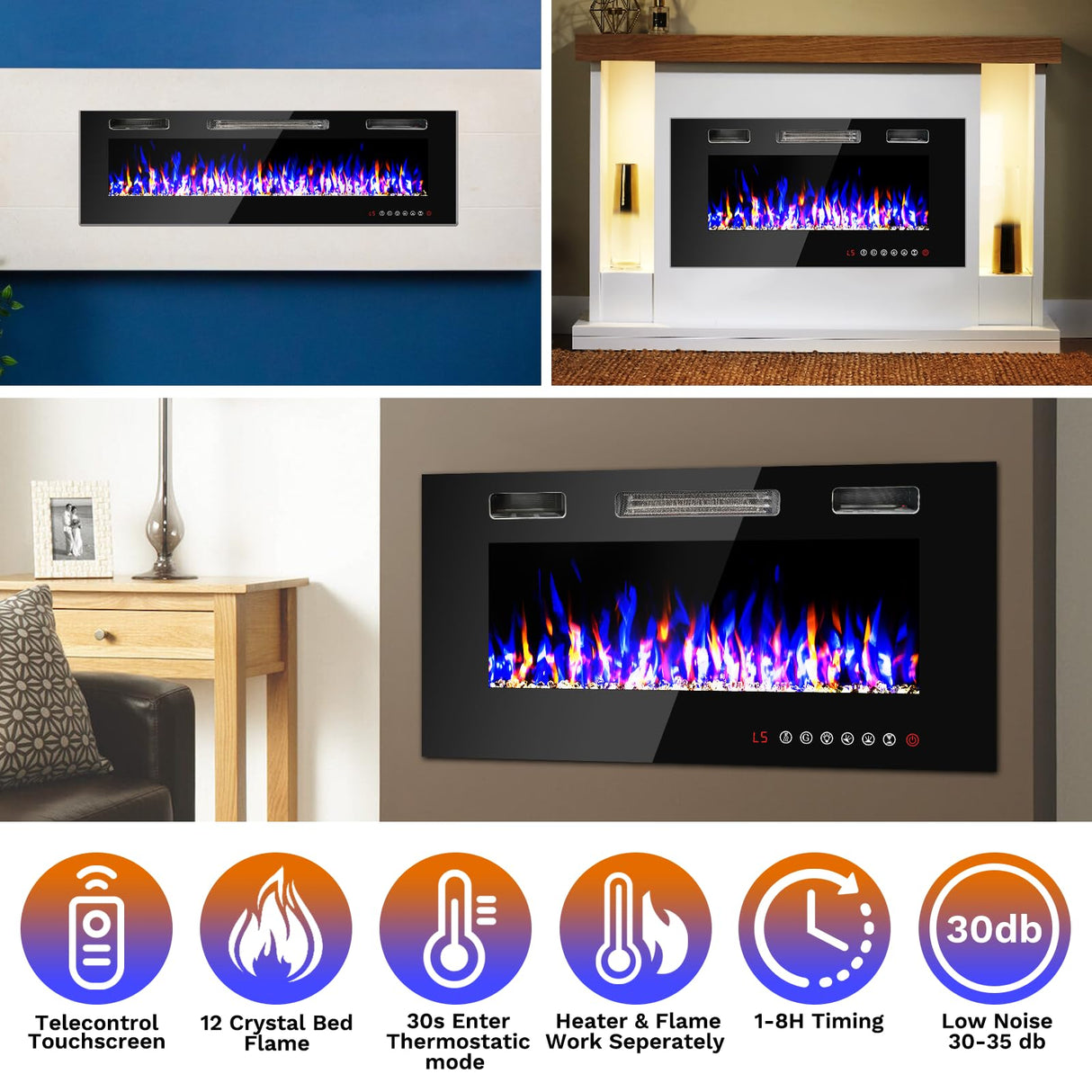 60 inch Wall Mounted Electric Fireplace, Multi LED Flames Fireplace Insert with Crystal, 750/1500W Fireplace Heater,Remote/Touch Screen Control Recessed Fireplace for Halloween,1-8H Timer / 400 Sq. FANGJI