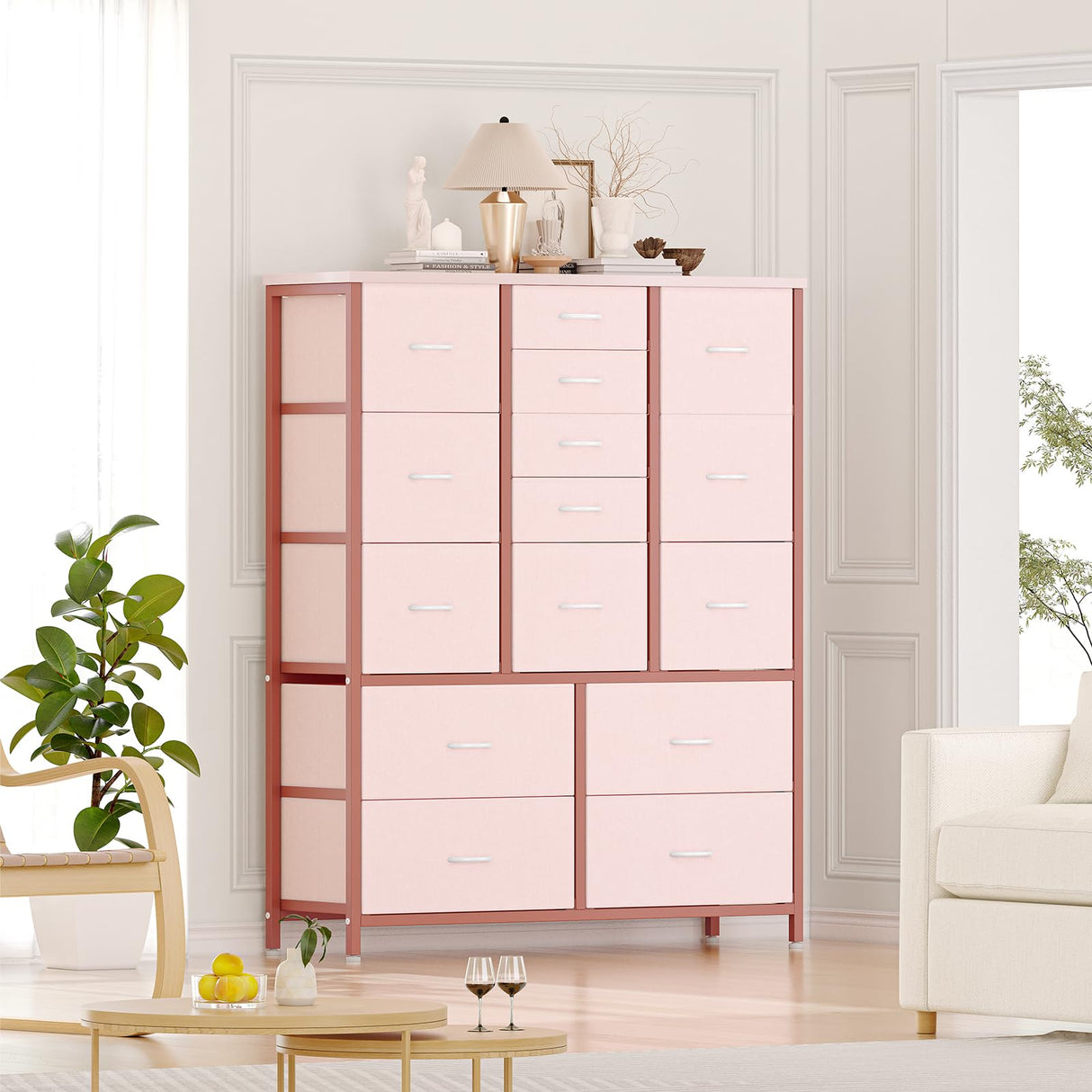 ElectraSpeedy 15 Drawers Dresser, Tall Dressers for Bedroom, Large Chests of Drawers, Fabric Storage Dresser Organizer Unit for Closet, Hallway, Living Room (Pink Wood Grain Print) ElectraSpeedy