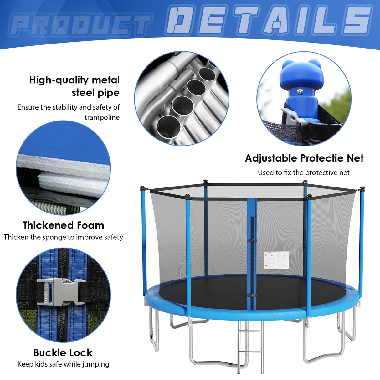 PayLessHere Trampoline 8FT 10FT 12FT 14FT Trampoline with Enclosure ASTM Approved-Combo Bounce Exercise Trampoline PVC Spring Cover Padding for Kids and Adults (Blue, 14FT) PayLessHere