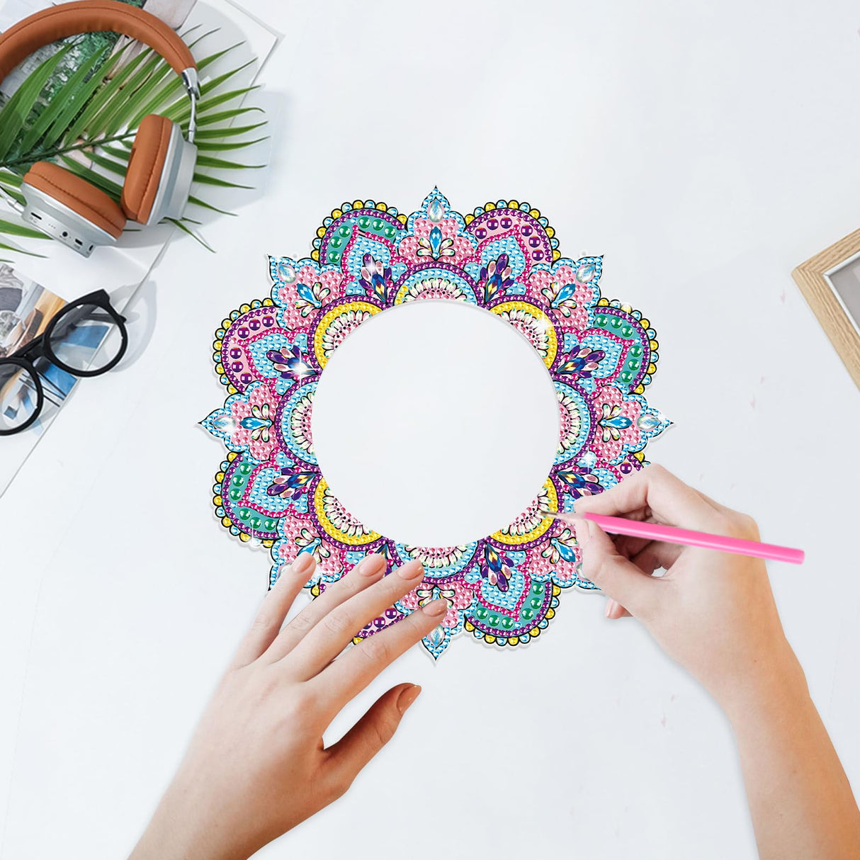 DIY Diamond Painting Mirror for Adults DIY Special Shaped Crystal Diamond Painting Kit Mandala Mirror Makeup Mirror Christmas Halloween Birthday Gifts Art Crafts Home Decor (Pink-Blue) antor