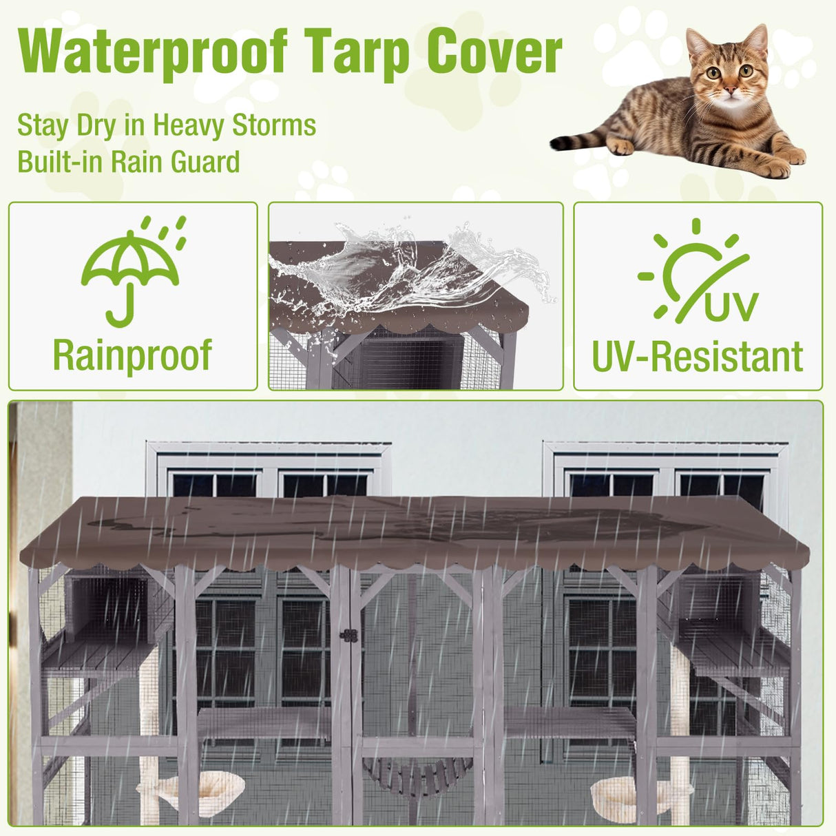 GUTINNEEN Extra-Large Catio, 104" Wall-Mounted Outdoor Cat Enclosure - Cat House Window Box Walk-in Cat Kennel Shelter with Weatherproof Roof, 2 Scratching Posts, 2 Hammocks & Bridge for 6-8 Cats GUTINNEEN