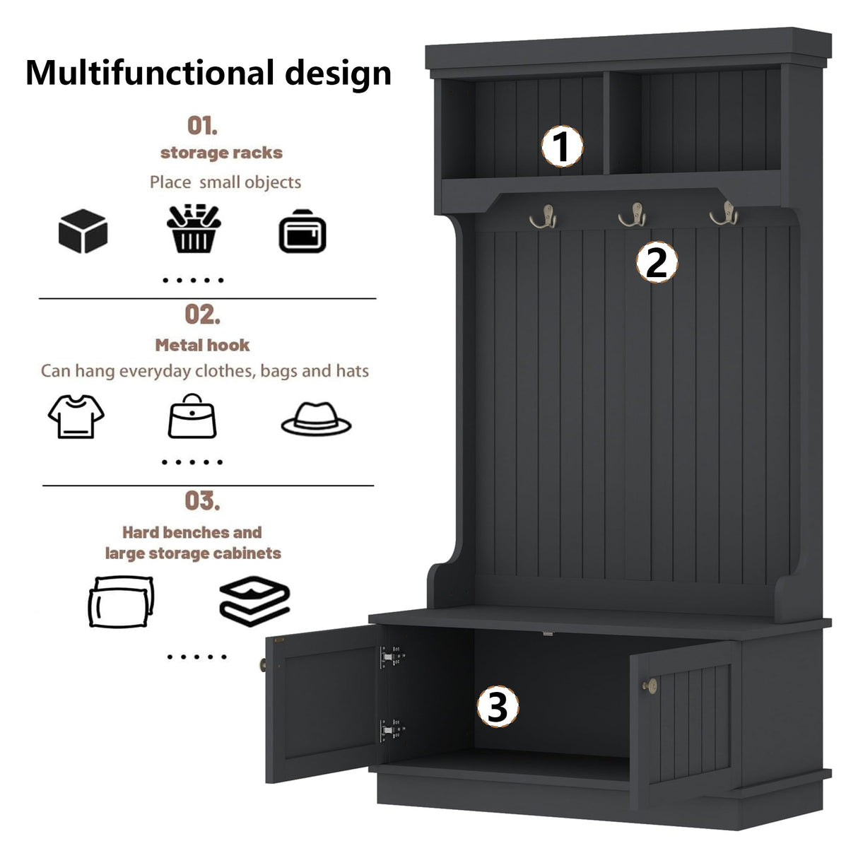 HIUU Farmhouse Hall Tree with Bench and Shoe Storage,Garage Lockers with Benches,Mud Room Bench with Storage and Seating(Black) HIUU