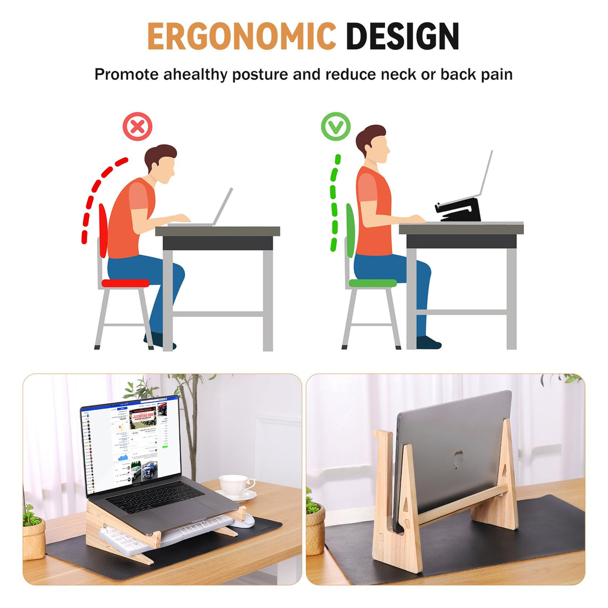 Wood Laptop Stand,Universal Computer Stands for Desk,Vertical Laptop Holder for MacBook Pro, Wooden Laptop Riser for MacBook Air, Dell, HP, Lenovo Compatible with 13.3 to 17.3 Inches All Laptops VNYOTT