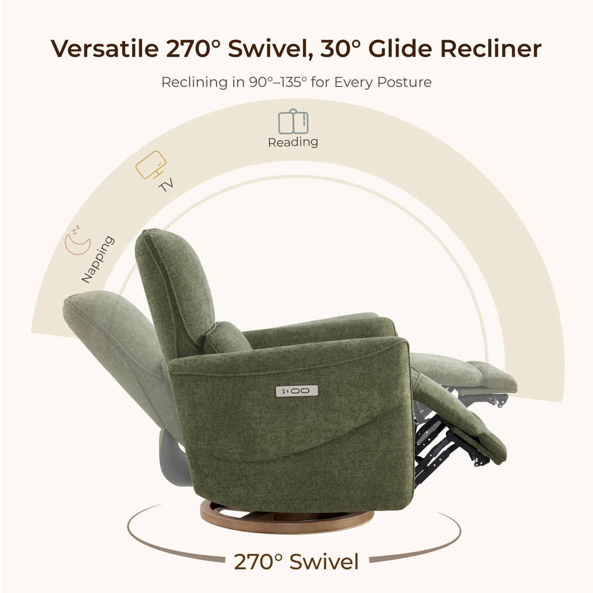 CHITA Power Nursery Rocking Chair, Swivel Glider Recliner Chair with Solid Wood Base, Bulit-in USB & Type-C Charging Ports for Living Room, FSC Certified, Moss Green CHITA