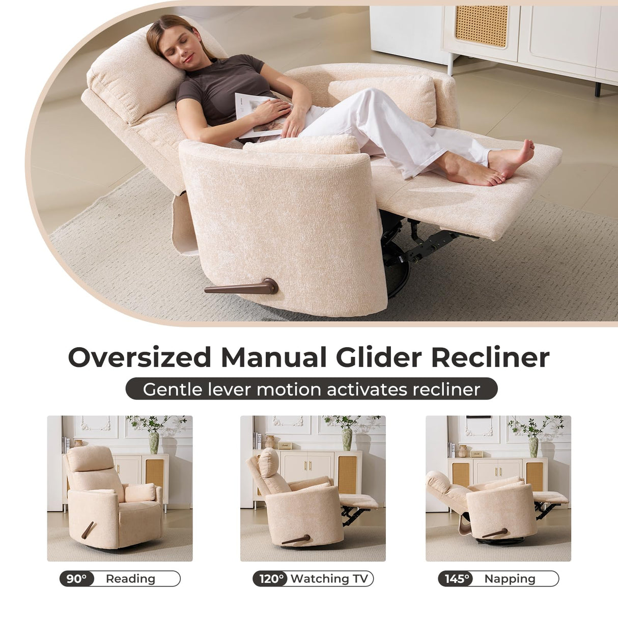 Oversized Swivel Rocker Recliner with Massage and Heat, 26" Swivel Nursery Recliner With Adjustable Headrest, Manual Rocker Recliner Chair with Two Removable Pillows, High Back Barrel Armchair, Beige Rhevoy