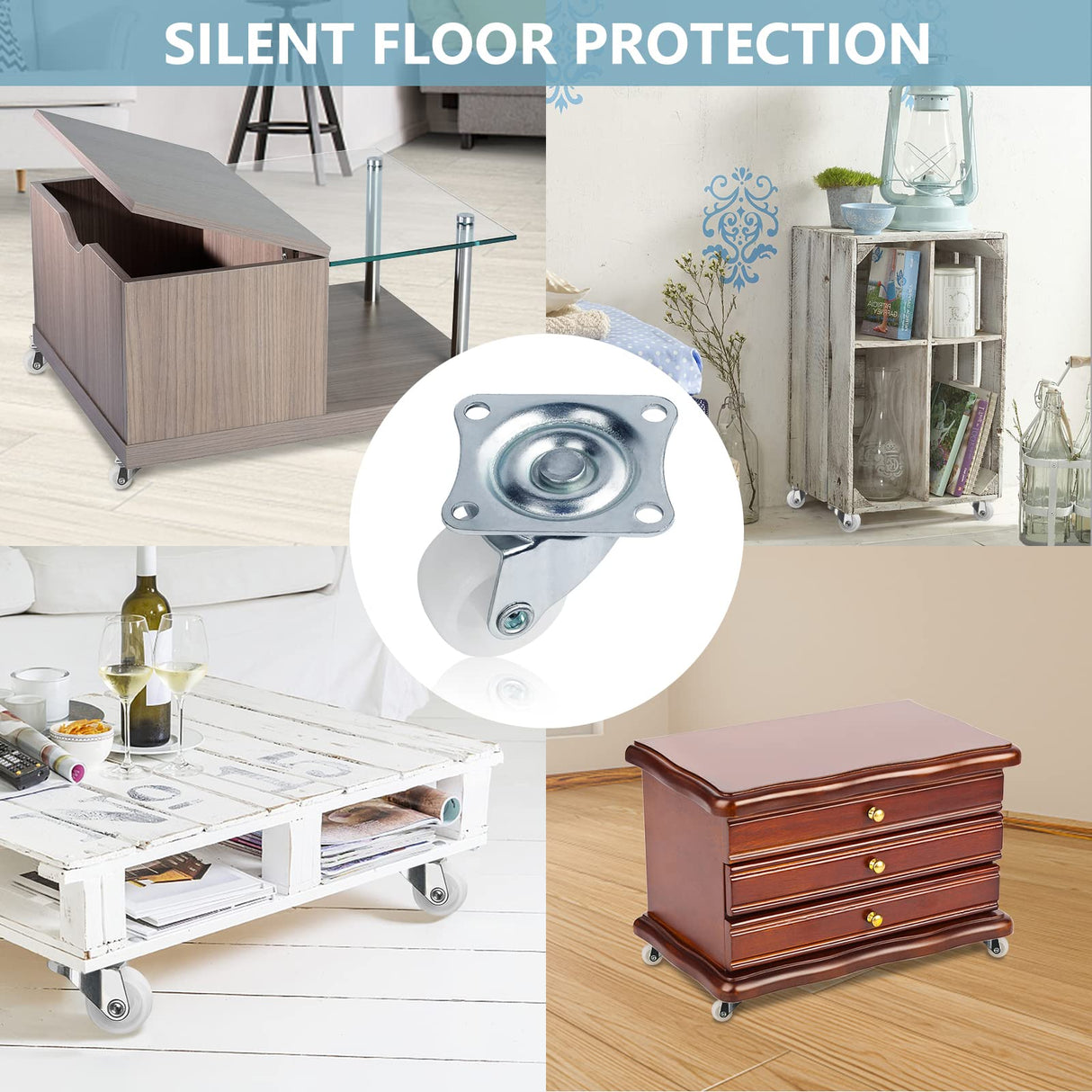 Cofufu 1" Low Profile Caster Wheels Set of 4, No Noise Casters for Furniture with Polyurethane Wheels, Small Rectangle Swivel Caster with 360 Degree Top Plate 22 lbs Weighs Capacity Each Caster Cofufu