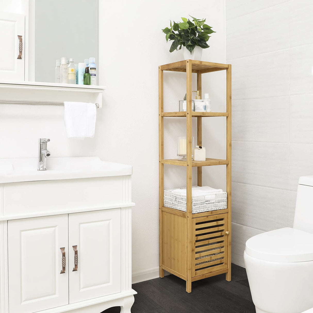 SONGMICS Bamboo Bathroom Storage Floor Cabinet, 4 Tiers Multifunctional Floor Shelving Unit, Free Standing Tower Corner Rack, Natural UBCB50Y SONGMICS