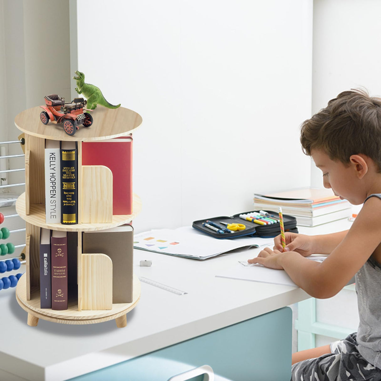 ZBPRESS 5-Tier Rotating Wood Bookshelf with Legs - 360° Space-Saving Storage Solution ZBPRESS