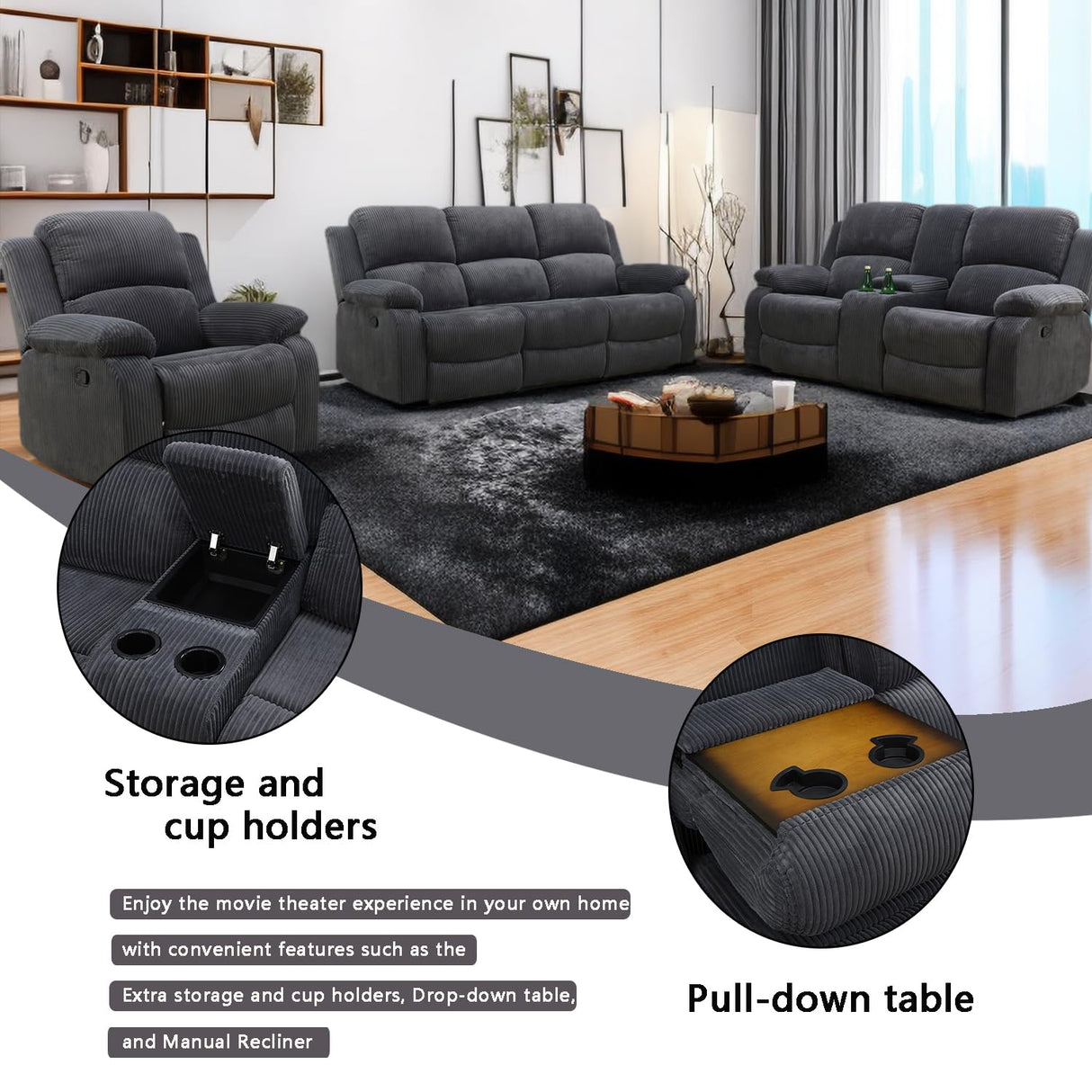 A Ainehome Living Room Furniture Set Recliner Sofa Set Loveseat Chair Furniture Sofa Set Grey Corduroy for Living Room/Rv/House/Theater Seating (A-Dark Grey Corduroy, 3 piece set) A Ainehome