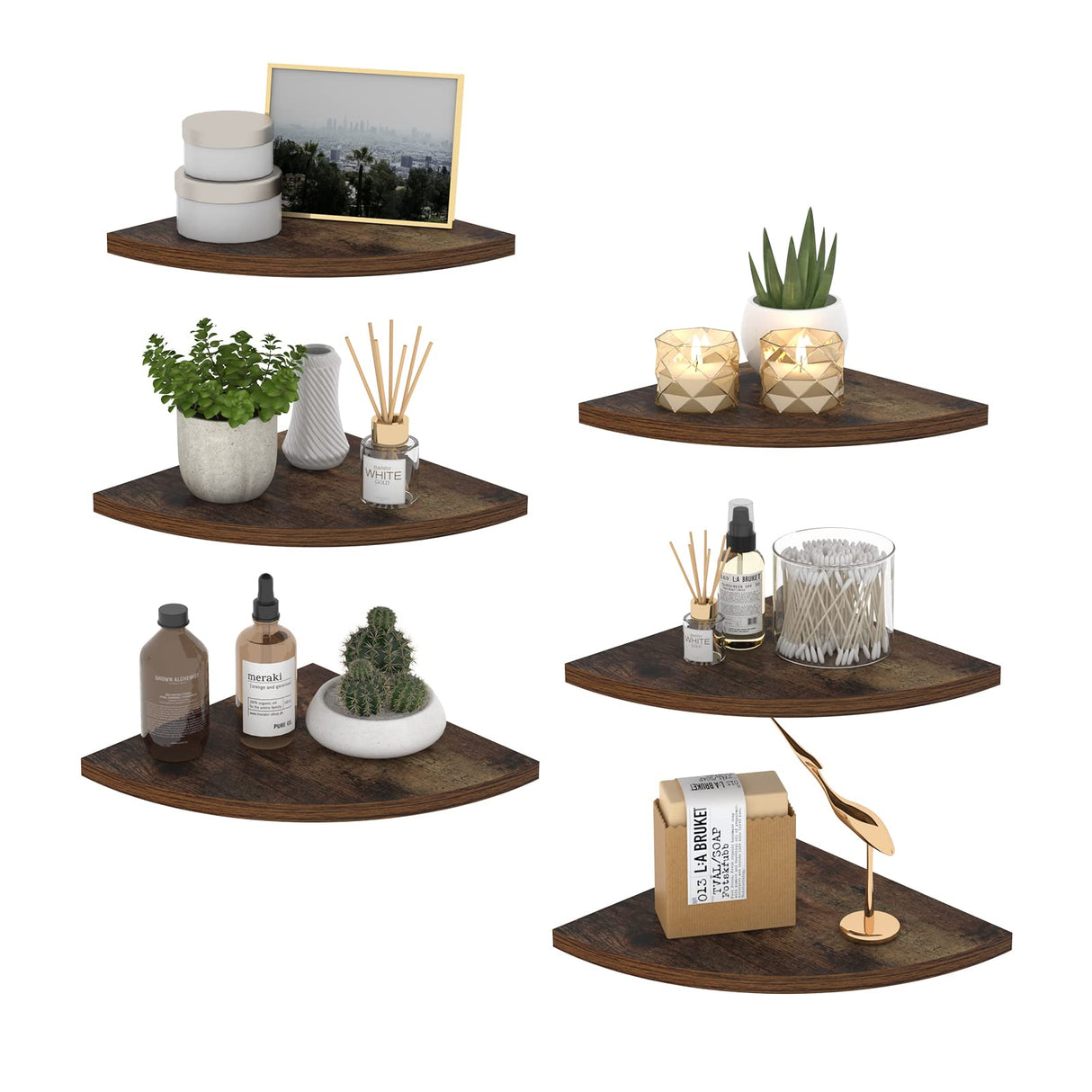 HORLIMER 6 Pack Wall Mount Floating Corner Shelf, Rustic Wood Corner Wall Shelves for Bedroom, Living Room, Bathroom, Kitchen HORLIMER