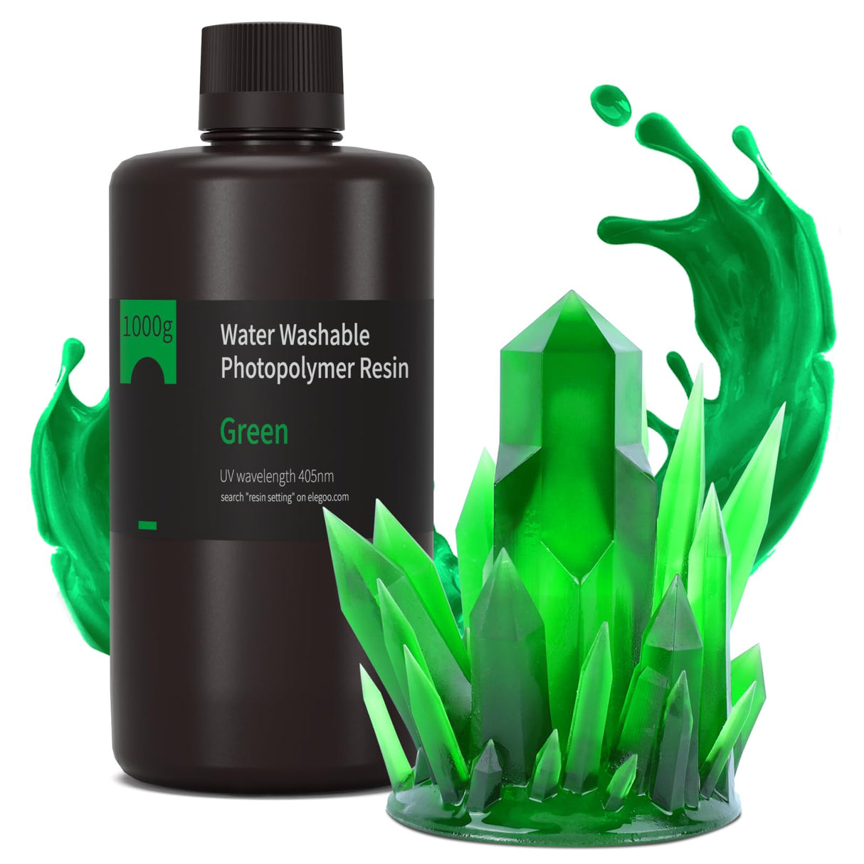 ELEGOO Water Washable 3D Printer Resin 1kg Clear Green, Rapid Precise Printing Resin 405nm Curing Resin for LCD 3D Printer ELEGOO