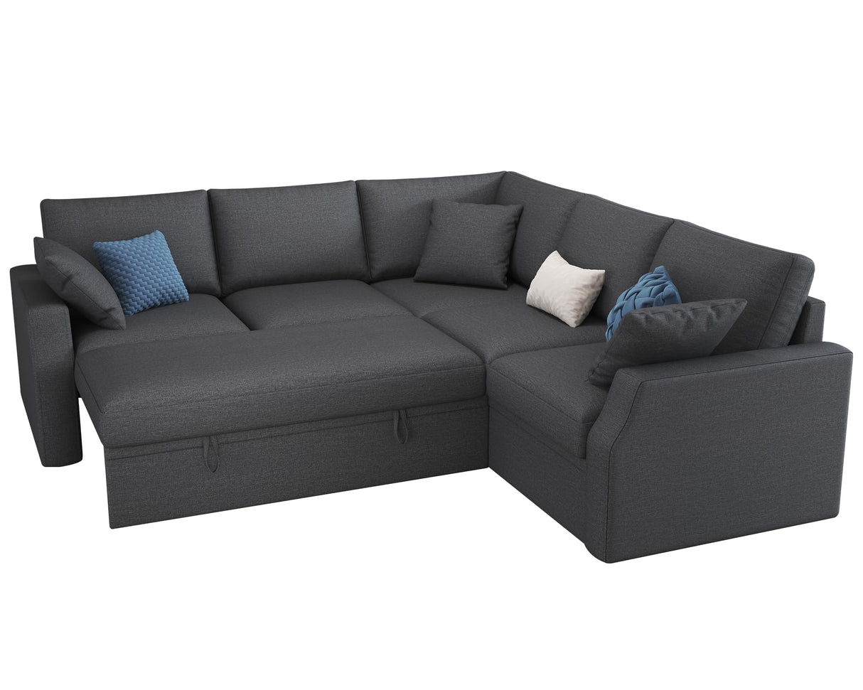 VanAcc Sofa Bed, 85 Inch Sleeper Couch with Storage Seat, L Shaped Sofa with Pull Out Sofa Bed, Sectional Couches for Living Room Apartment, Grey Linen Couch Sofa VanAcc